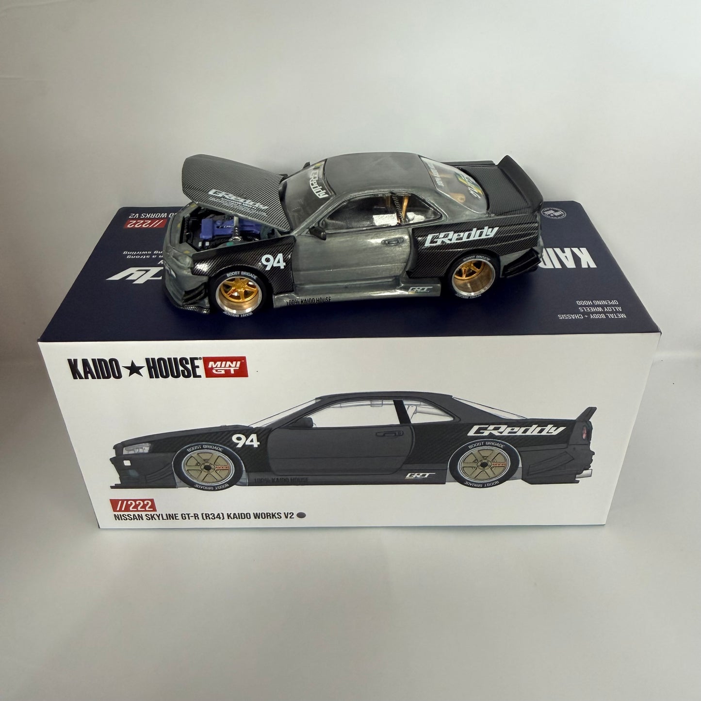 Mini GT x Kaido House Nissan Skyline R34 GTR Greddy Chase #222