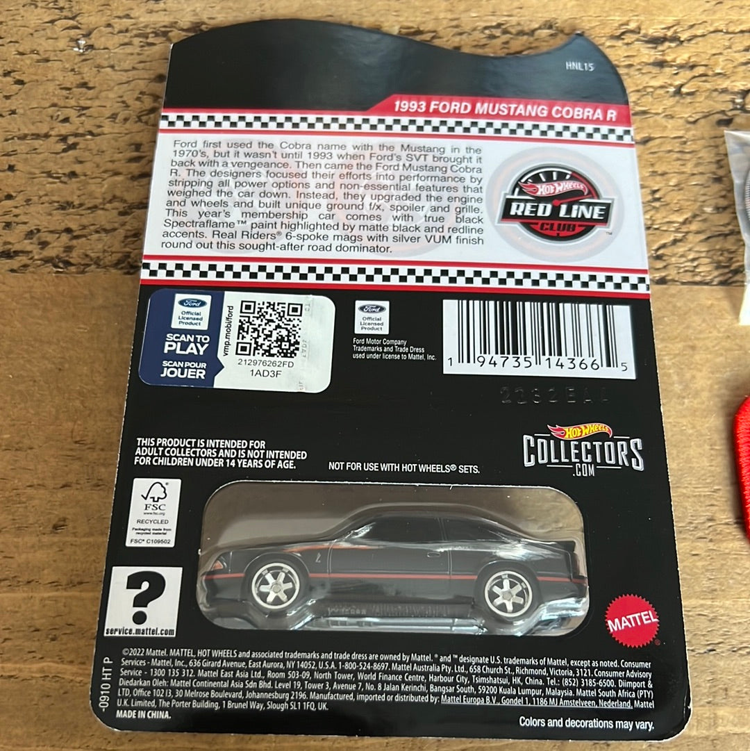 Hot Wheels RLC 1993 Ford Mustang Cobra R With Pin And Patch