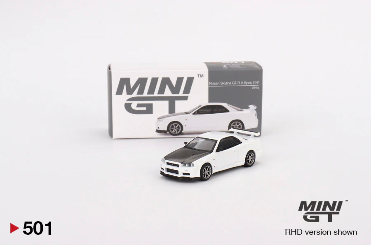 Mini GT Nissan Skyline R34 GTR V Spec White #501