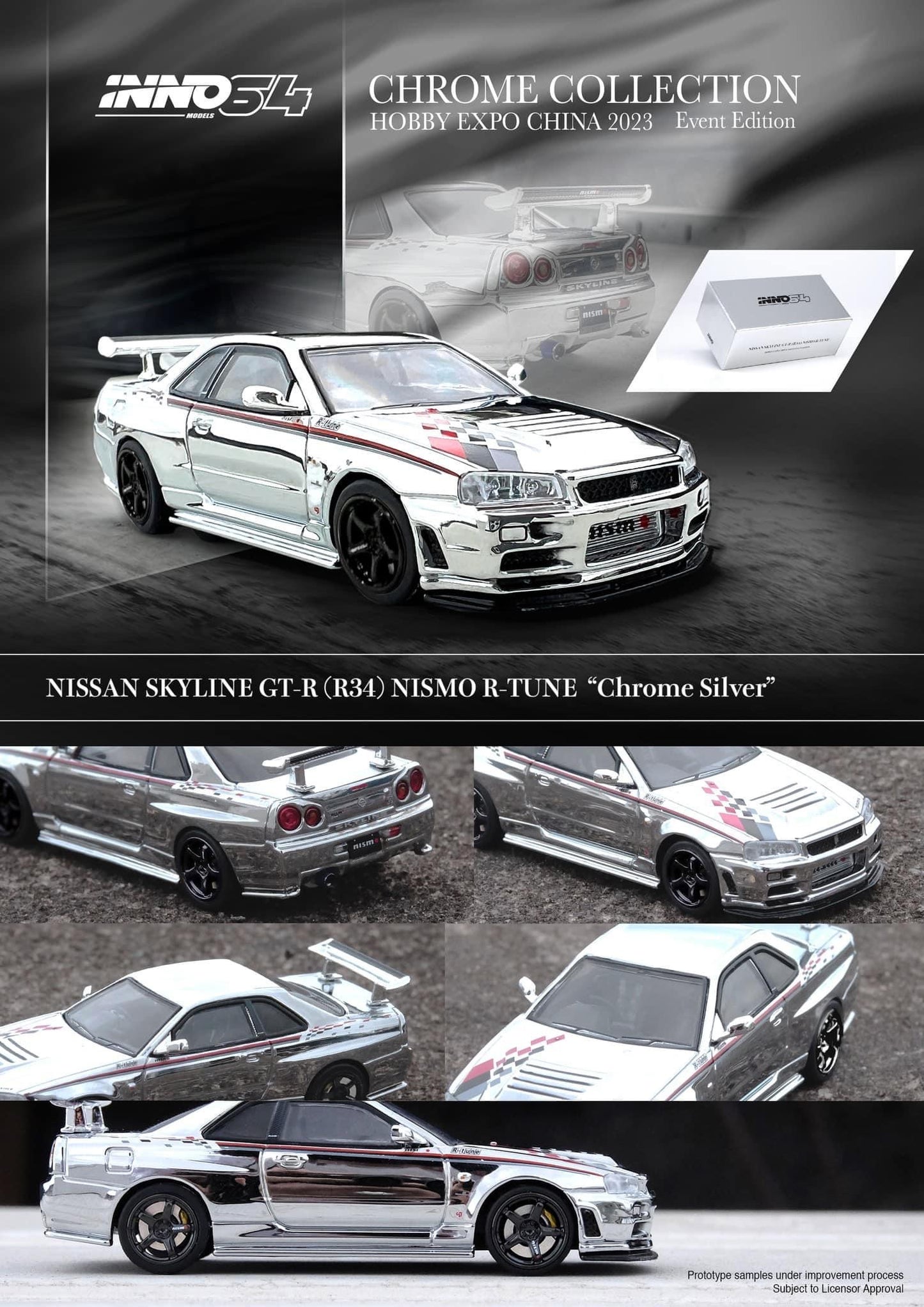 Inno64 Nissan Skyline R34 GTR Silver Chrome Hobby Expo China 2023 Event Edition