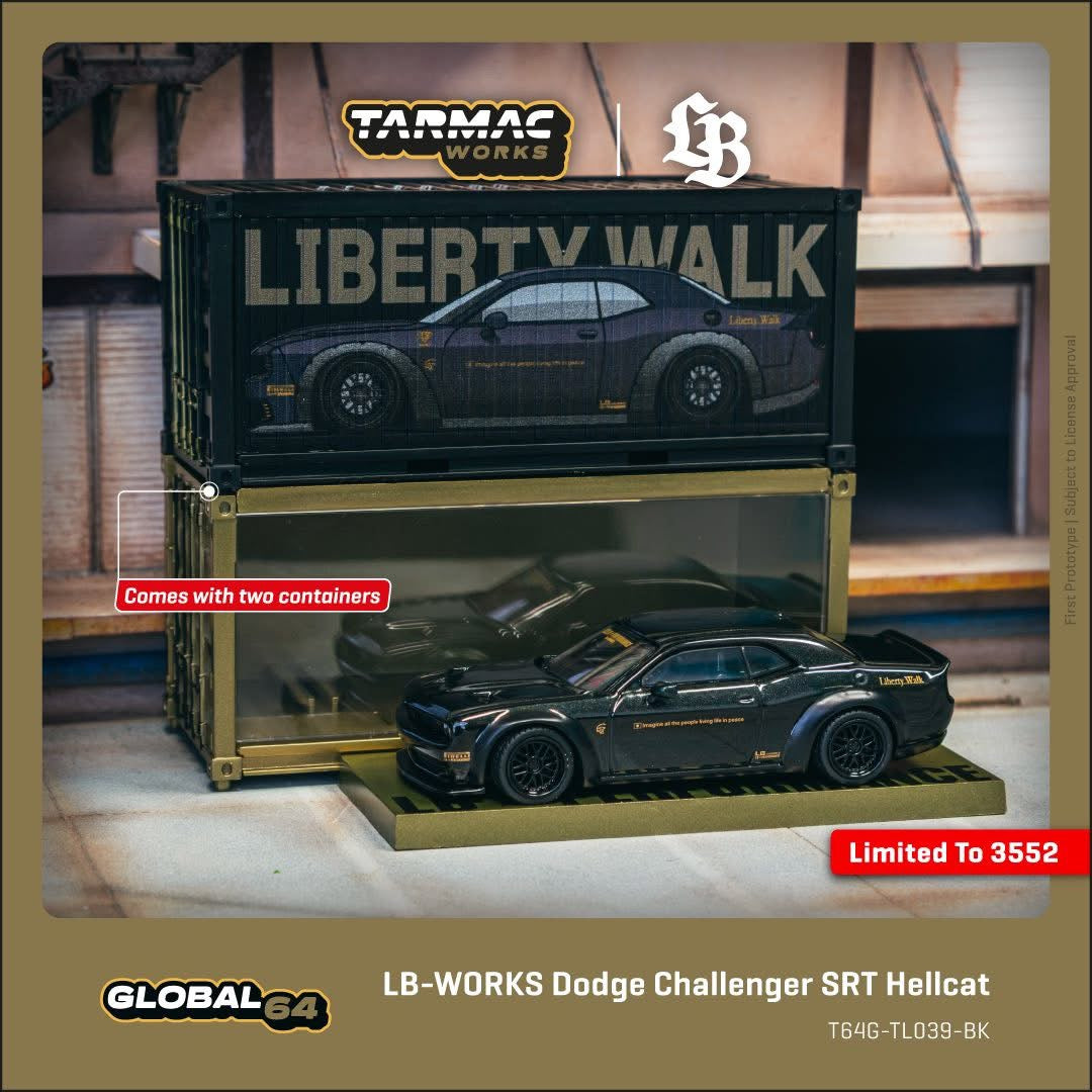 Tarmac Works LB Works Dodge Challenger SRT Hellcat & Container Set