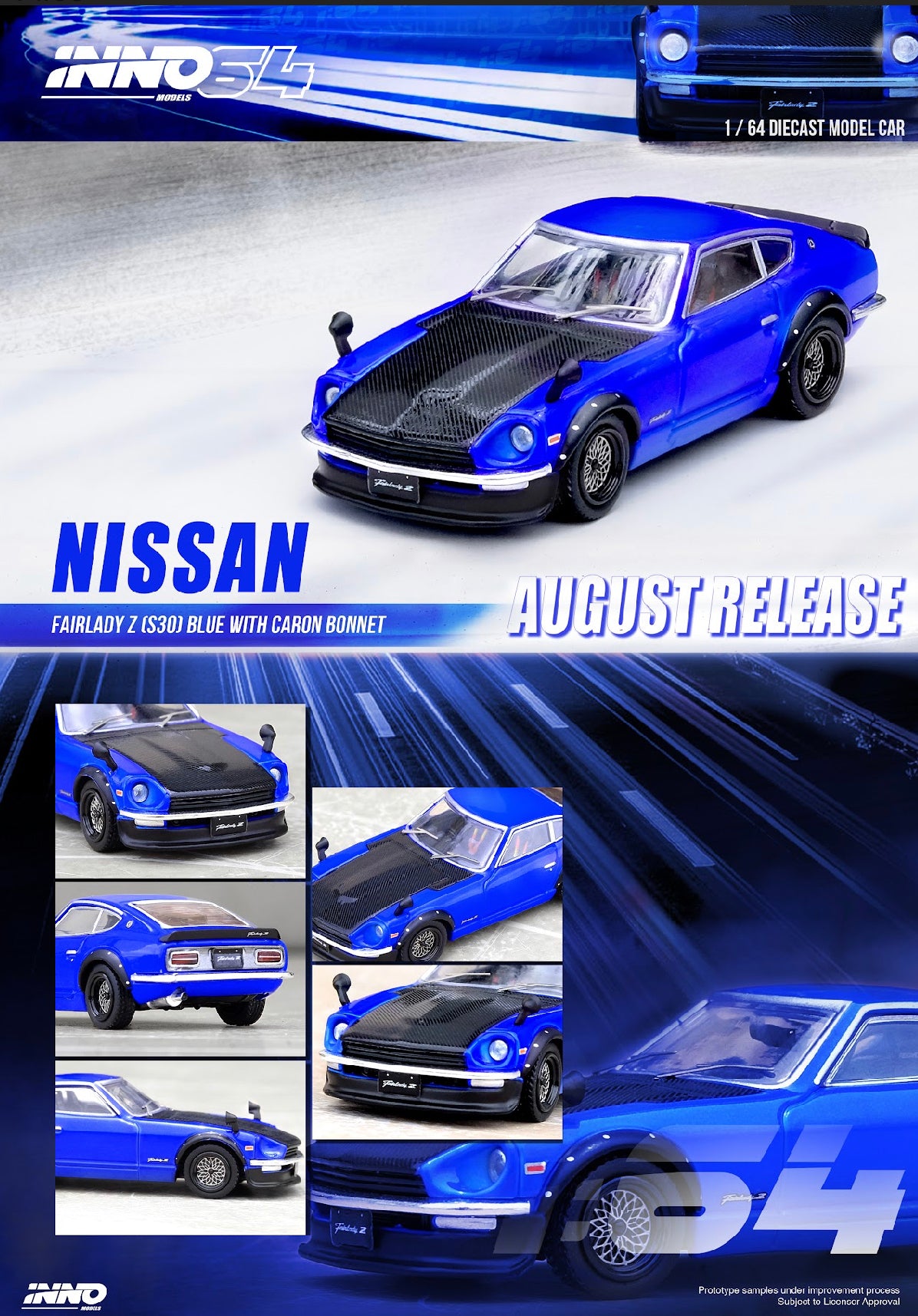 Inno64 Nissan Fairlady Z 240Z Blue With Carbon Bonnet