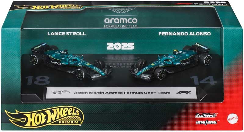 Hot Wheels Premium Formula 1 F1 2 Pack Aston Martin Aramco Lance Stroll & Fernando Alonso