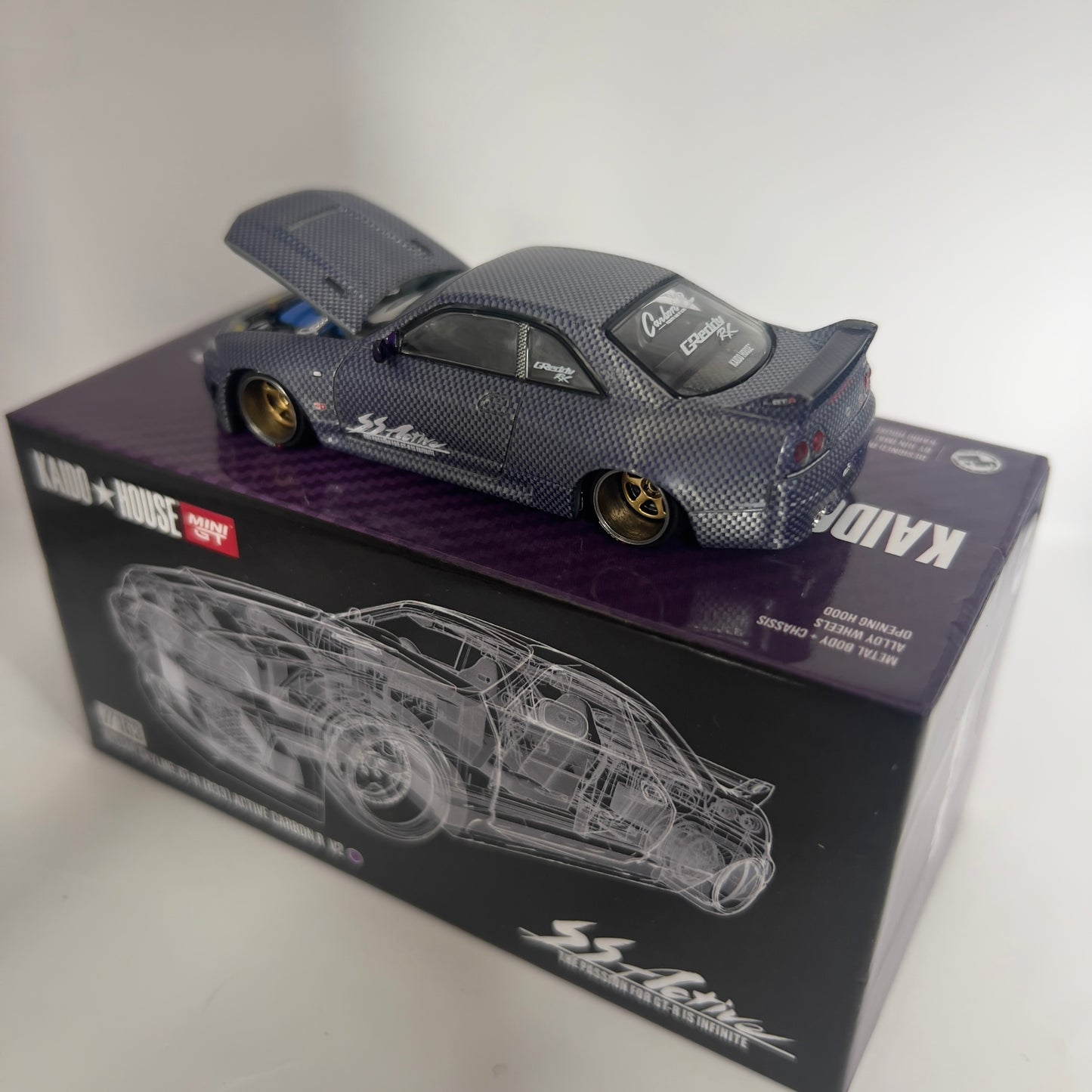 Mini GT x Kaido House Nissan Skyline R33 GTR Active Carbon Chase #163