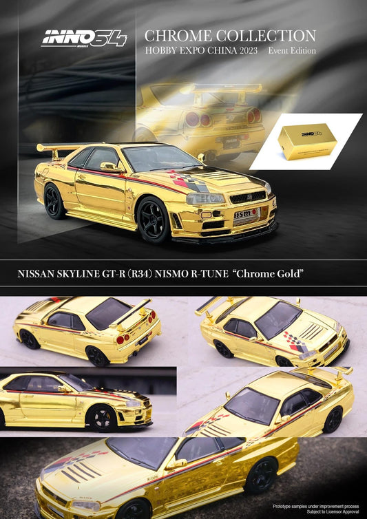 Inno64 Nissan Skyline R34 GTR Gold Chrome Hobby Expo China 2023 Event Edition